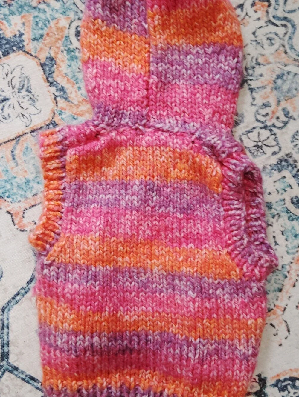 Hand-Knit Hooded Baby Vest in Pink & Orange